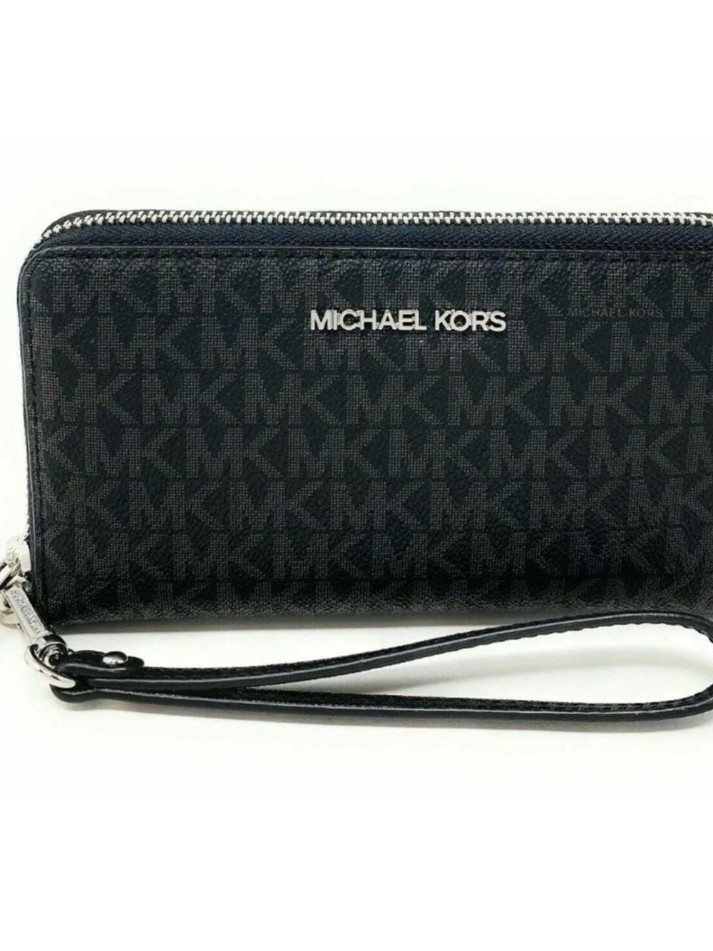 Michael Kors Black MK Logo Zip Wristlet with Silver Hardware travel phone